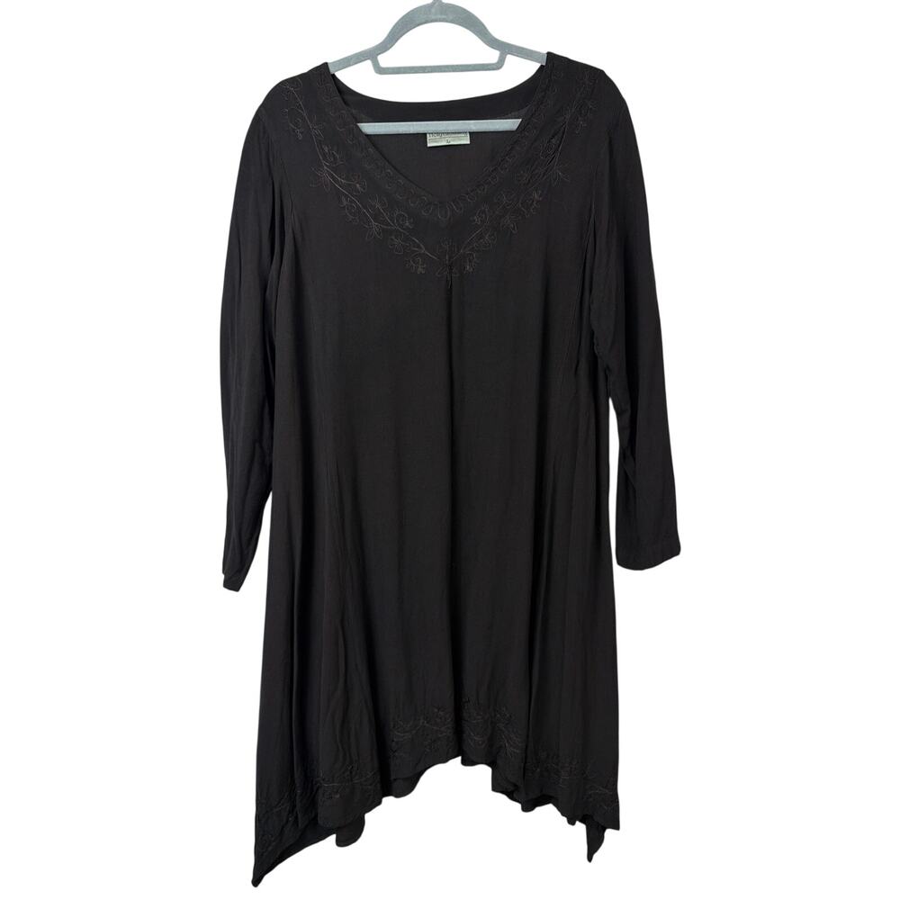 Holy Clothing Black Floral Embroidery V-Neck Midi Dress Size L